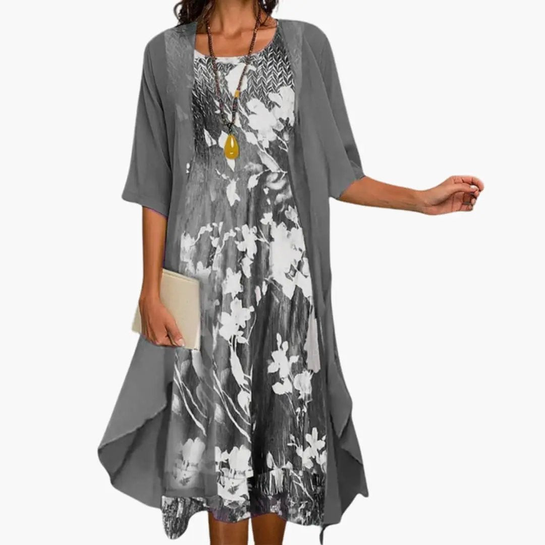 Printed Boat Neck Layered Drape Midi Set