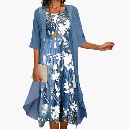 Printed Boat Neck Layered Drape Midi Set