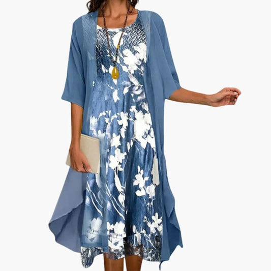 Printed Boat Neck Layered Drape Midi Set
