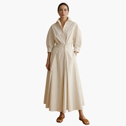 Collared Puff Sleeve Pleated Maxi Dress