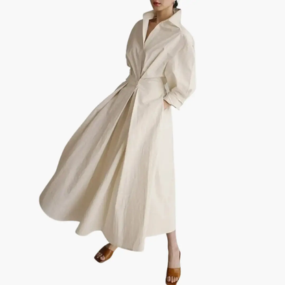 Collared Puff Sleeve Pleated Maxi Dress