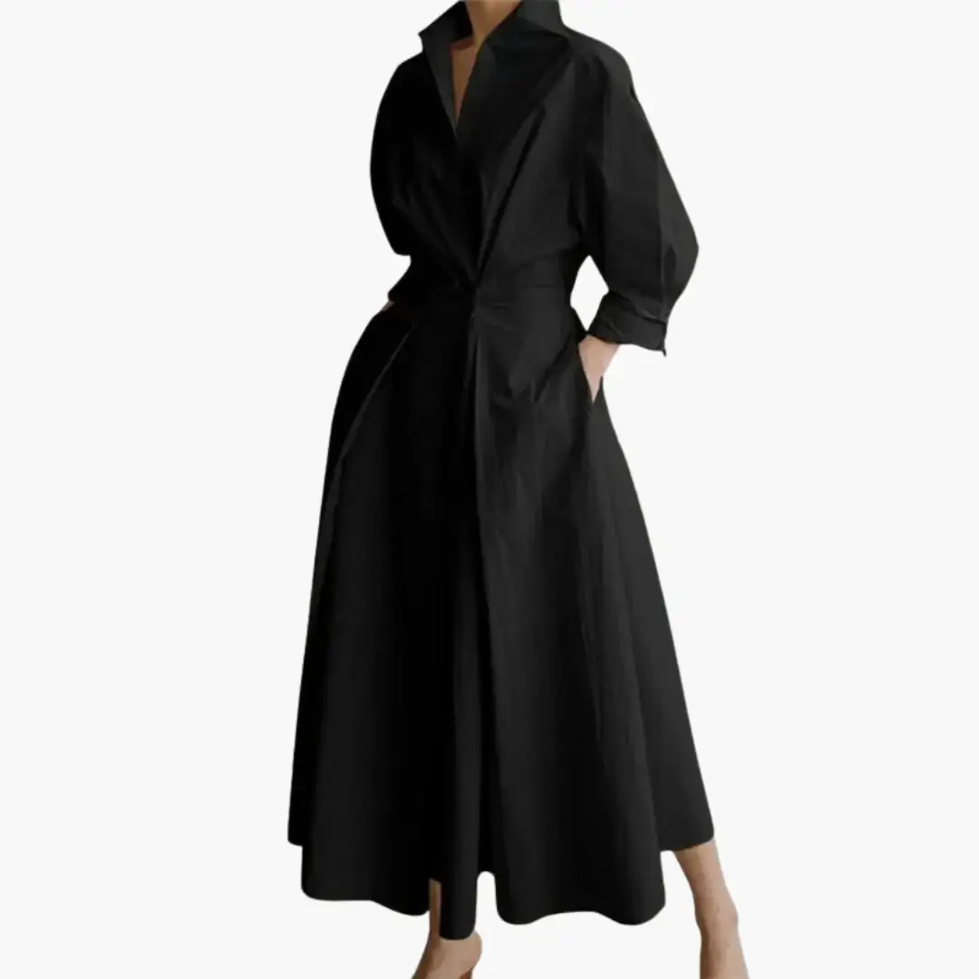 Collared Puff Sleeve Pleated Maxi Dress