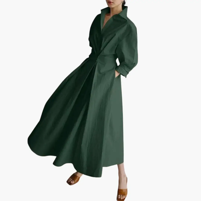 Collared Puff Sleeve Pleated Maxi Dress