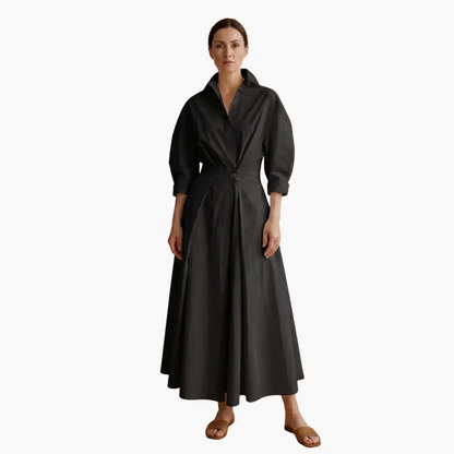 Collared Puff Sleeve Pleated Maxi Dress