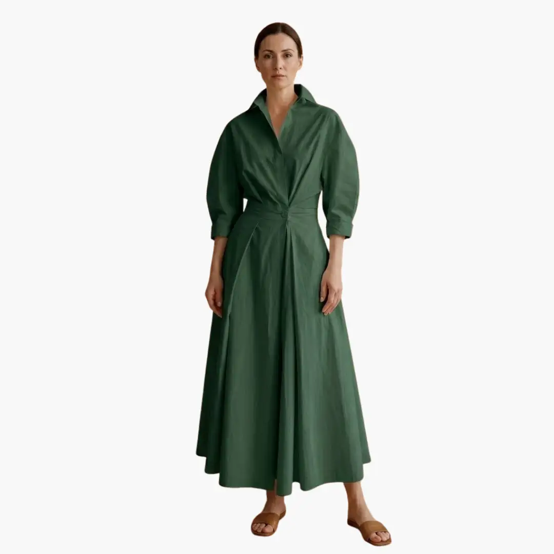 Collared Puff Sleeve Pleated Maxi Dress