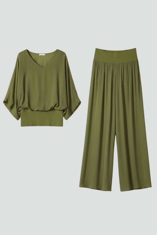 V Neck Dolman Sleeve Banded Waist Set