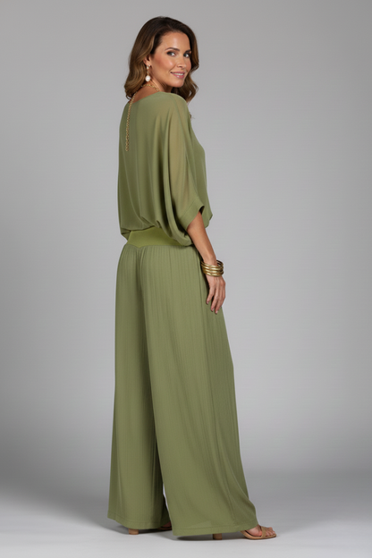 V Neck Dolman Sleeve Banded Waist Set
