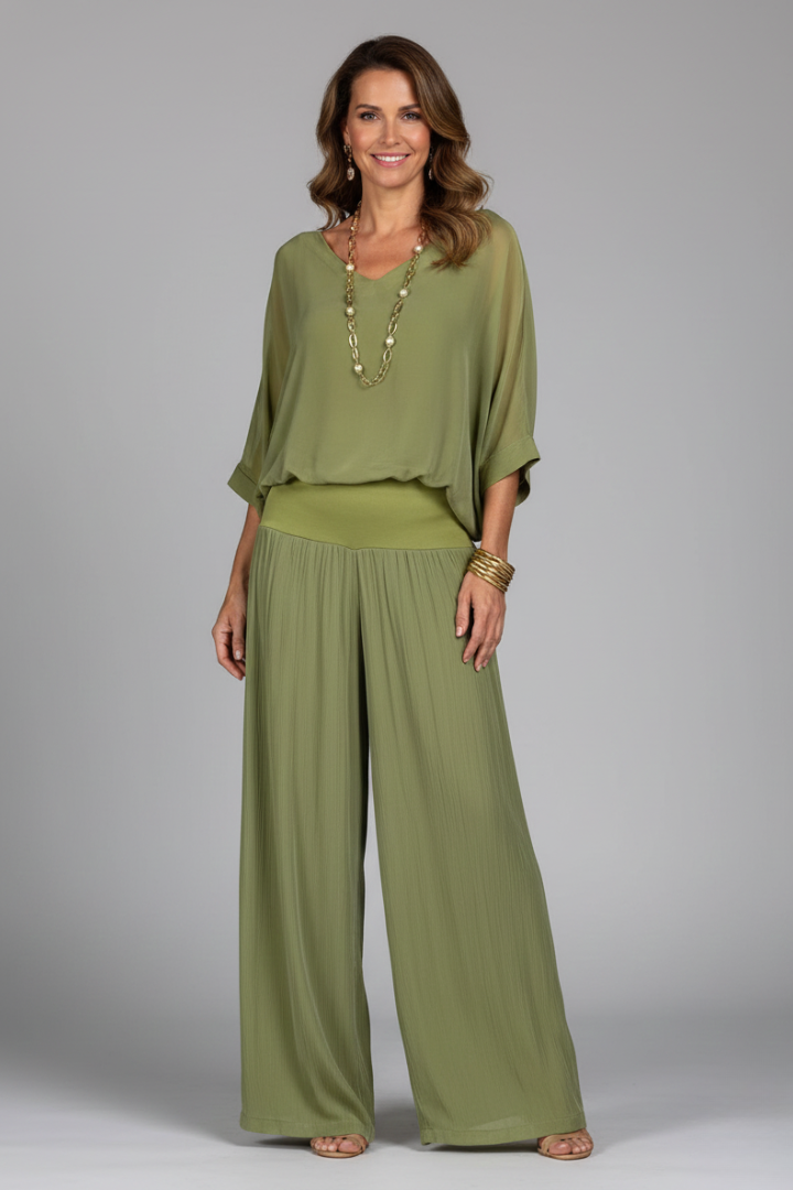 V Neck Dolman Sleeve Banded Waist Set