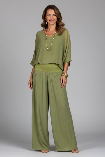 V Neck Dolman Sleeve Banded Waist Set