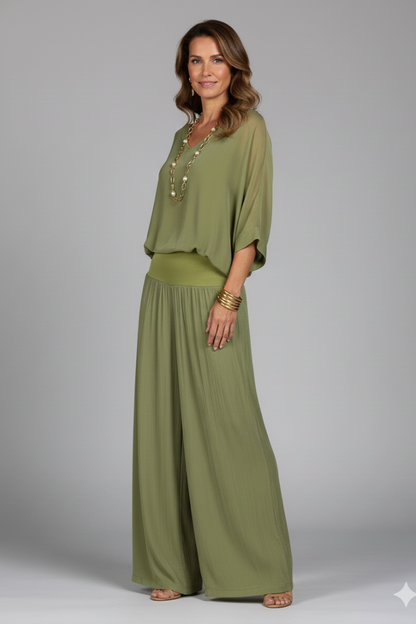 V Neck Dolman Sleeve Banded Waist Set