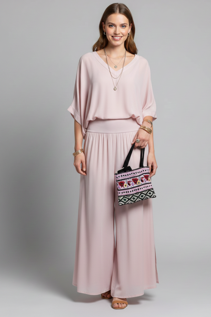V Neck Dolman Sleeve Banded Waist Set