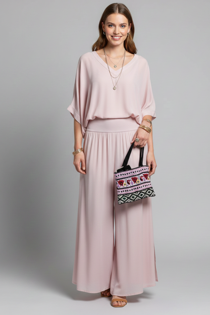 V Neck Dolman Sleeve Banded Waist Set