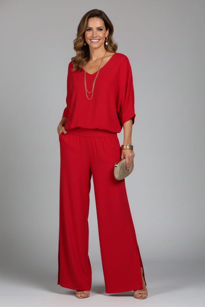 V Neck Dolman Sleeve Banded Waist Set