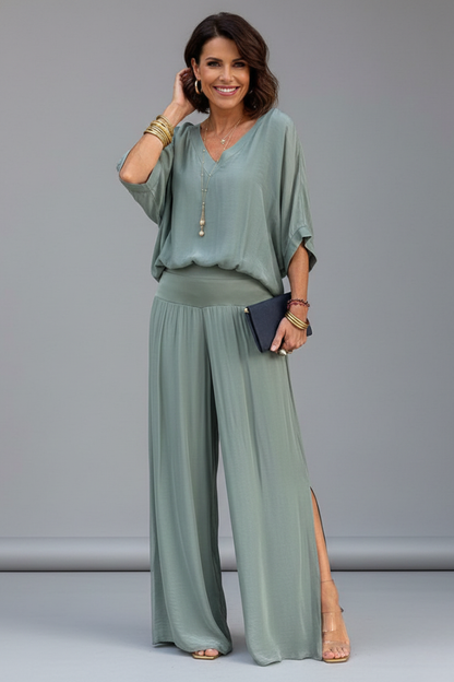V Neck Dolman Sleeve Banded Waist Set
