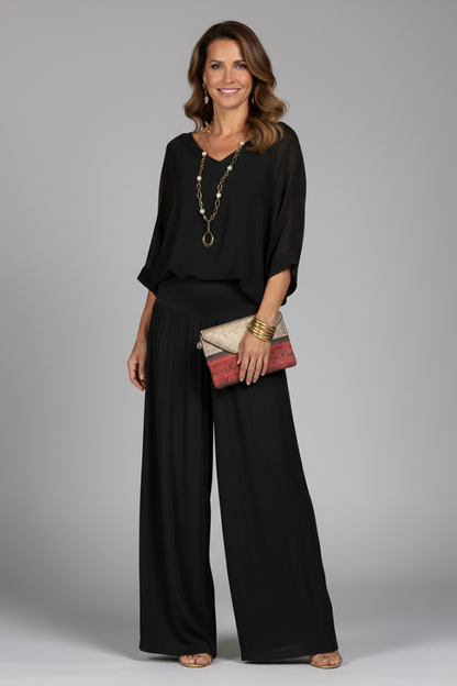 V Neck Dolman Sleeve Banded Waist Set