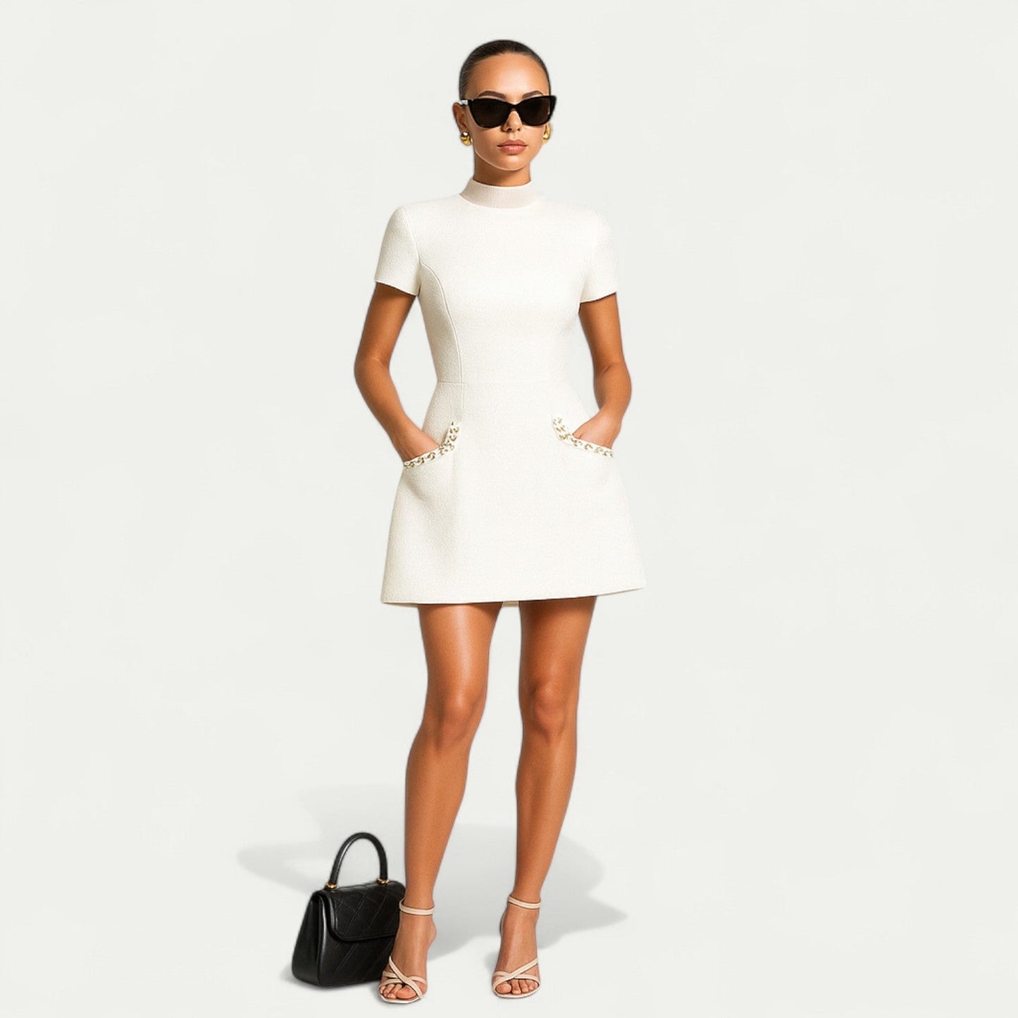 Short Sleeve Embellished Neck Pocket Mini Dress