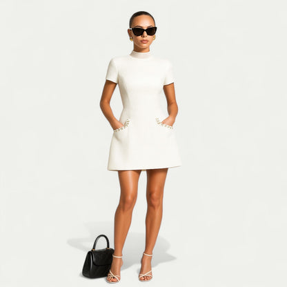Short Sleeve Embellished Neck Pocket Mini Dress