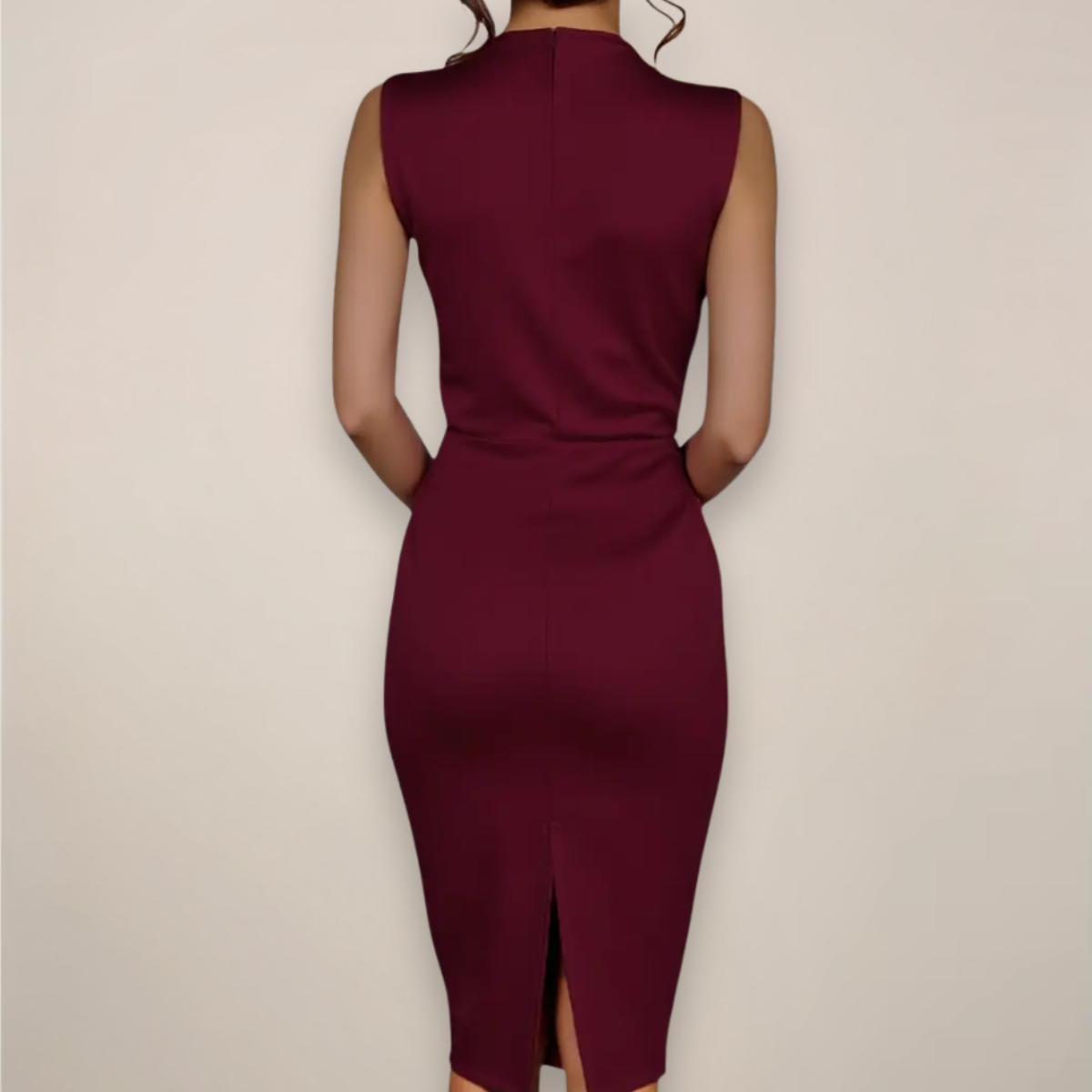Fitted Sleeveless Tie Neck Ruched Back Slit Dress