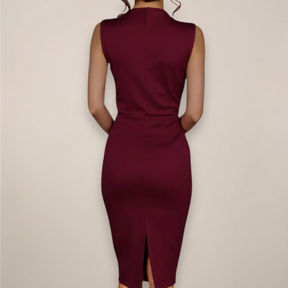 Fitted Sleeveless Tie Neck Ruched Back Slit Dress
