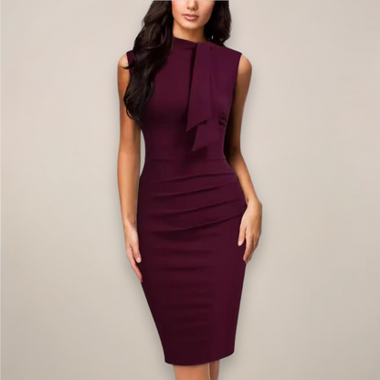 Fitted Sleeveless Tie Neck Ruched Back Slit Dress