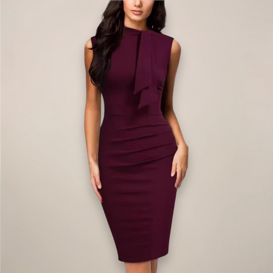 Fitted Sleeveless Tie Neck Ruched Back Slit Dress