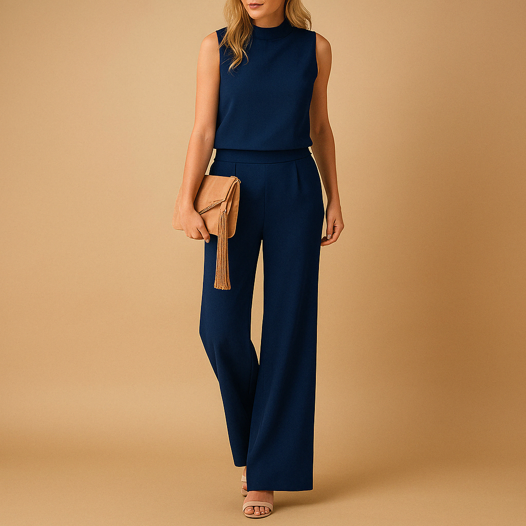 Sleeveless Mock Neck Pleated Loose Leg Jumpsuit