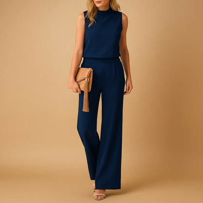 Sleeveless Mock Neck Pleated Loose Leg Jumpsuit