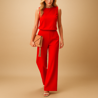 Sleeveless Mock Neck Pleated Loose Leg Jumpsuit