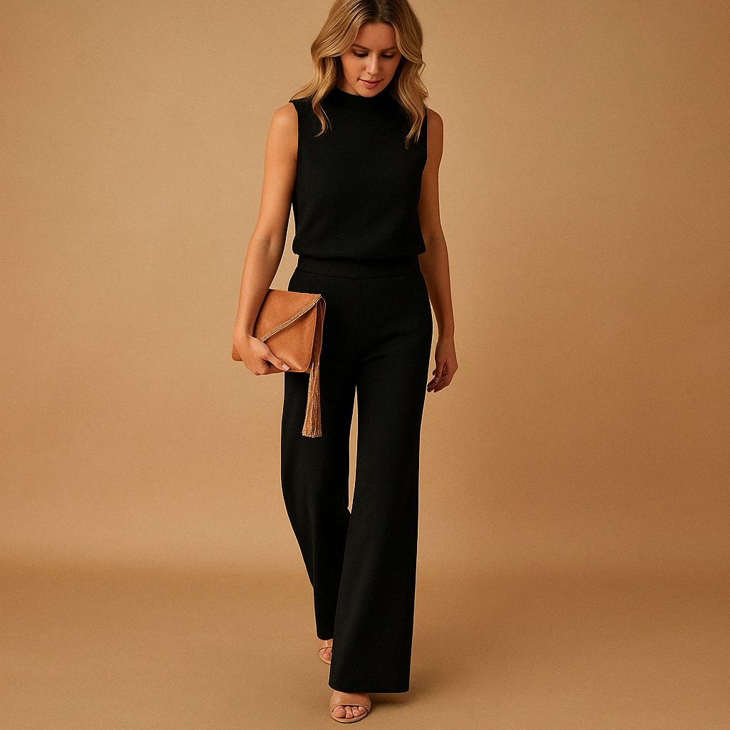 Sleeveless Mock Neck Pleated Loose Leg Jumpsuit
