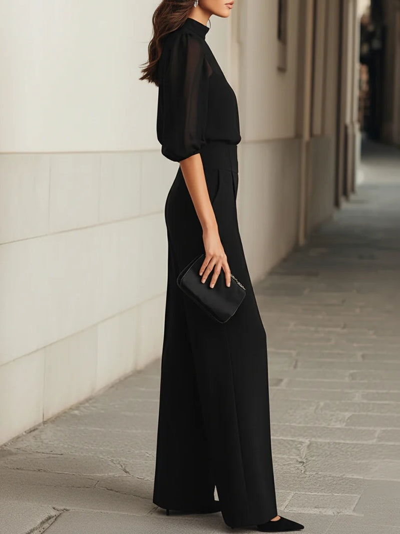 High Neck Puff Sleeve Wide Leg Set