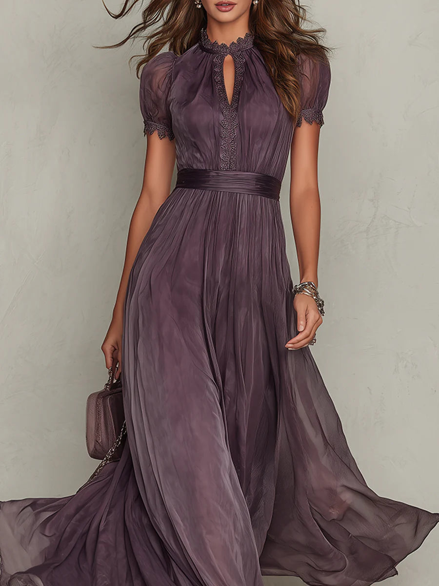 Puff Sleeve Keyhole Pleated Maxi Dress