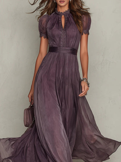 Puff Sleeve Keyhole Pleated Maxi Dress