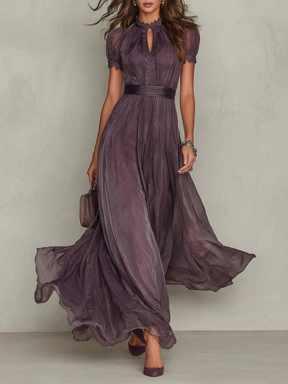 Puff Sleeve Keyhole Pleated Maxi Dress