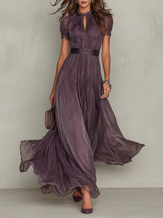 Puff Sleeve Keyhole Pleated Maxi Dress