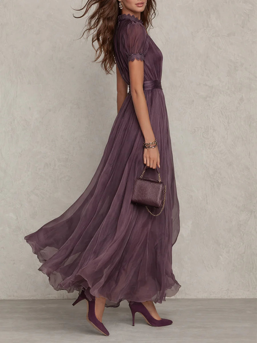 Puff Sleeve Keyhole Pleated Maxi Dress