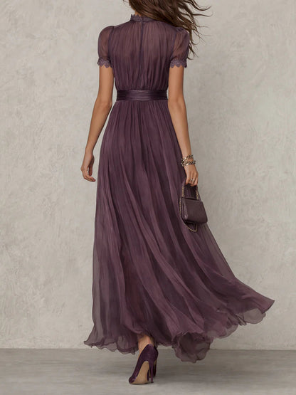 Puff Sleeve Keyhole Pleated Maxi Dress