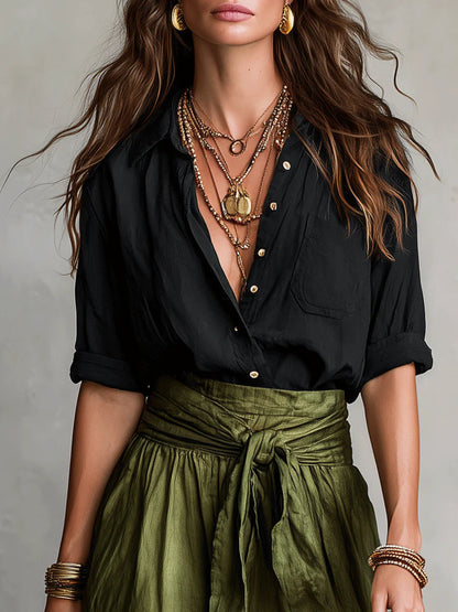 Pointed Collar Buttoned Tied Set