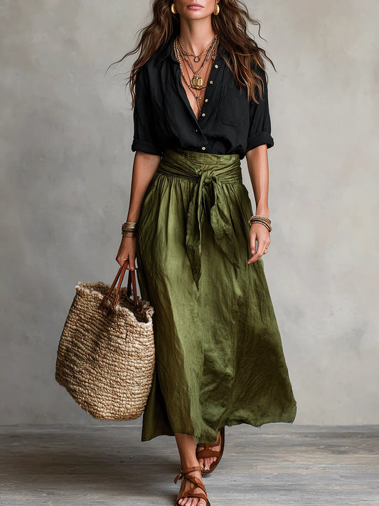 Pointed Collar Buttoned Tied Set
