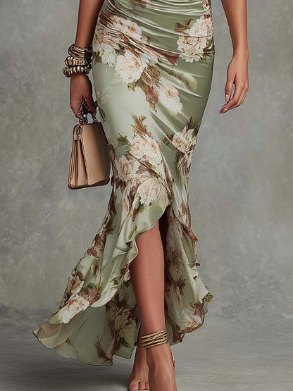Floral Ruched Ruffled Asymmetrical Flared Maxi Dress