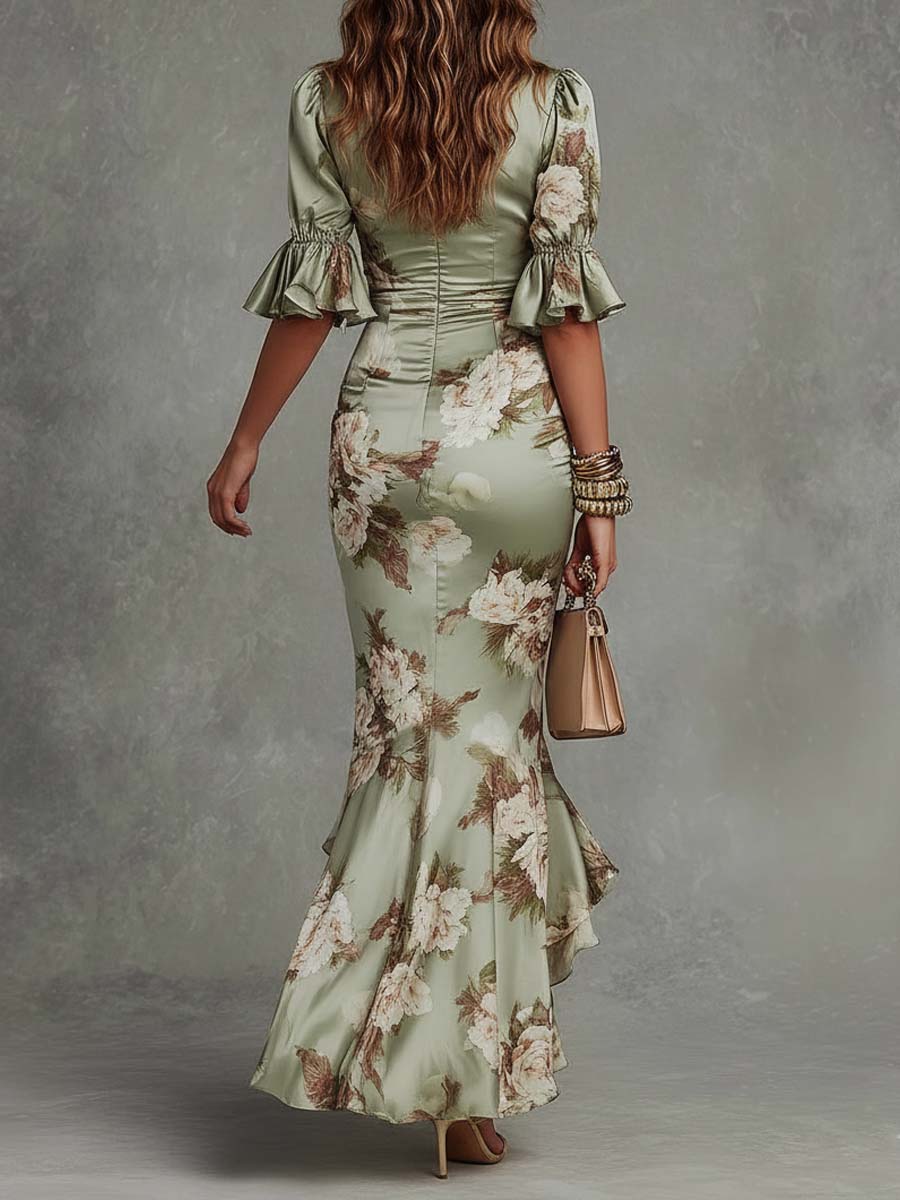 Floral Ruched Ruffled Asymmetrical Flared Maxi Dress