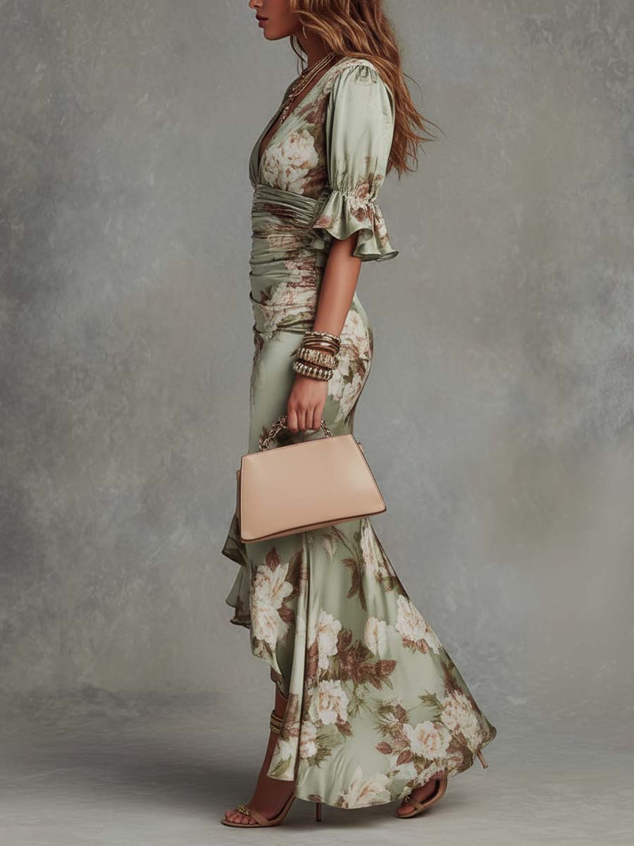 Floral Ruched Ruffled Asymmetrical Flared Maxi Dress