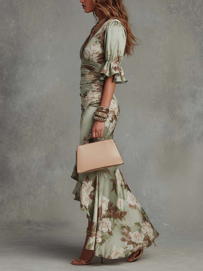 Floral Ruched Ruffled Asymmetrical Flared Maxi Dress