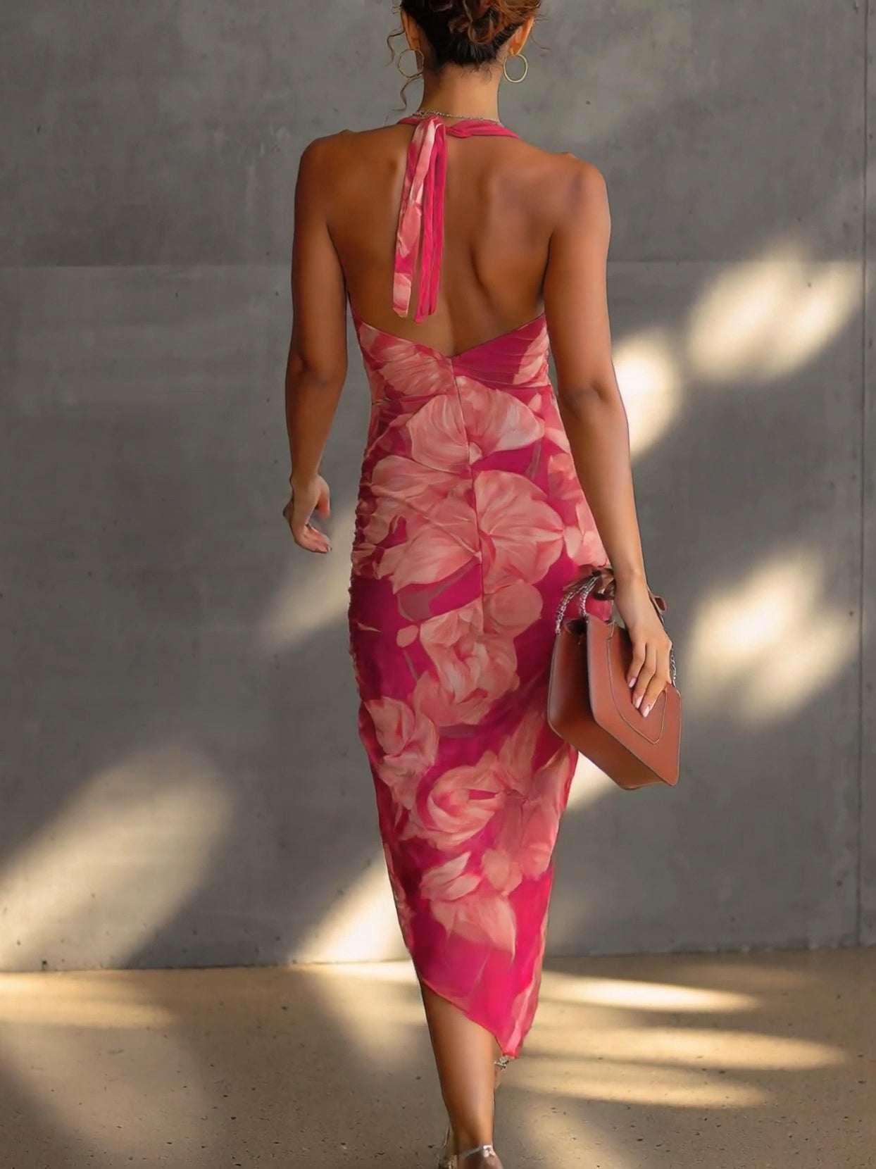 Cowl Neck Floral Print Sleeveless Ruched Dress