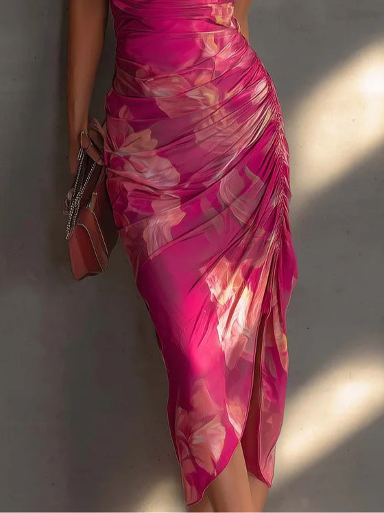 Cowl Neck Floral Print Sleeveless Ruched Dress