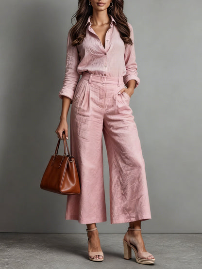 Collared Buttoned Long Sleeve Top and Pleated Pocketed Trouser Set