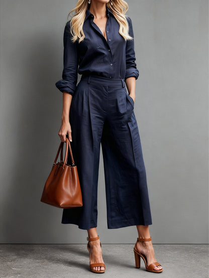 Collared Buttoned Long Sleeve Top and Pleated Pocketed Trouser Set