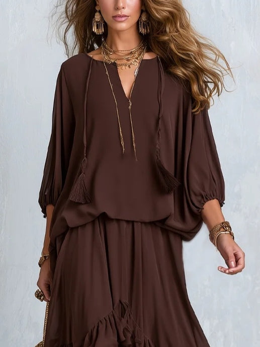 Women's V-Neck Tassel Drawstring Blouse and Ruffled Maxi Skirt Set