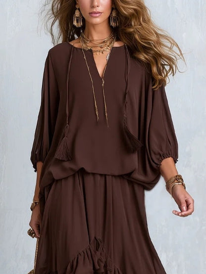 Women's V-Neck Tassel Drawstring Blouse and Ruffled Maxi Skirt Set