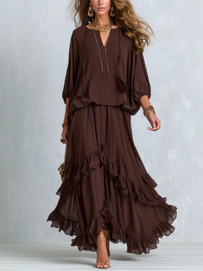 Women's V-Neck Tassel Drawstring Blouse and Ruffled Maxi Skirt Set