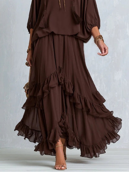 Women's V-Neck Tassel Drawstring Blouse and Ruffled Maxi Skirt Set